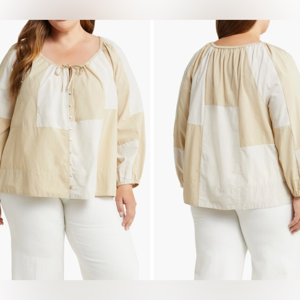 Madewell Patchwork Tie Front Poplin Top. NWT